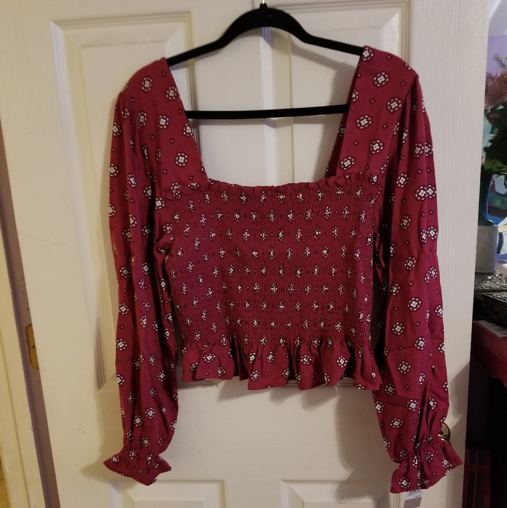 BP. Smocked Peplum Crop Top, Burgundy,1X, NWT